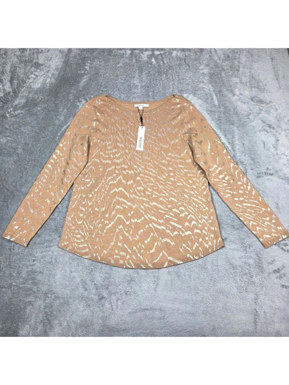 Chicos Sweater Medium Camel Brown Foiled Ella Boatneck Metallic Animal Print NEW